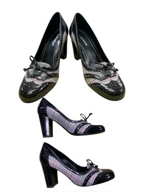 Naturalizer Black and Gray Plaid Patent Leather Block Heel Pumps S7.5